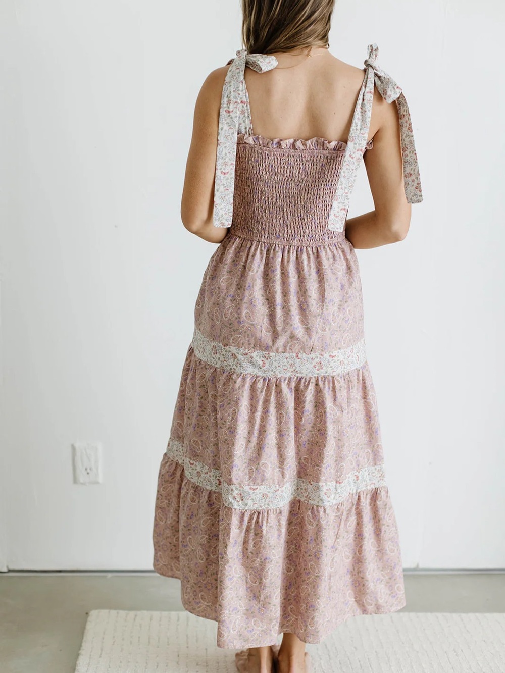 Smocked Tie-Strap Maxi Dress in Blush Pink - Picture 3 of 5
